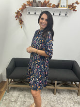 Load image into Gallery viewer, Button Down Navy Floral Print Ruffle Hem Mini Dress