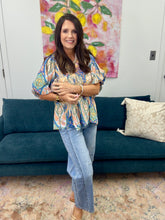 Load image into Gallery viewer, Abstract Pink Flutter Sleeve Blouse, Blue Mix
