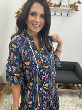 Load image into Gallery viewer, Button Down Navy Floral Print Ruffle Hem Mini Dress