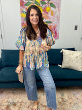 Load image into Gallery viewer, Abstract Pink Flutter Sleeve Blouse, Blue Mix