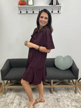 Load image into Gallery viewer, Short Puff Sleeve Bow Neck Dress,Eggplant