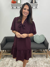 Load image into Gallery viewer, Short Puff Sleeve Bow Neck Dress,Eggplant
