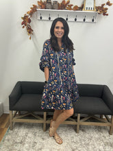 Load image into Gallery viewer, Button Down Navy Floral Print Ruffle Hem Mini Dress
