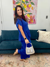 Load image into Gallery viewer, Linen Blend Smocked Peplum Top, Ocean
