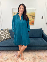 Load image into Gallery viewer, Corduroy Split Neck Shift Dress, Teal
