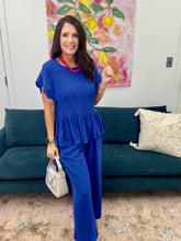 Load image into Gallery viewer, Linen Blend Smocked Peplum Top, Ocean
