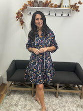 Load image into Gallery viewer, Button Down Navy Floral Print Ruffle Hem Mini Dress
