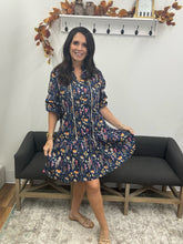 Load image into Gallery viewer, Button Down Navy Floral Print Ruffle Hem Mini Dress
