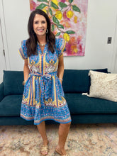Load image into Gallery viewer, Mixed Print Ruffle Sleeve Dress, Blue Mix
