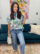 Load image into Gallery viewer, Abstract Pink Flutter Sleeve Blouse, Blue Mix
