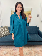 Load image into Gallery viewer, Corduroy Split Neck Shift Dress, Teal
