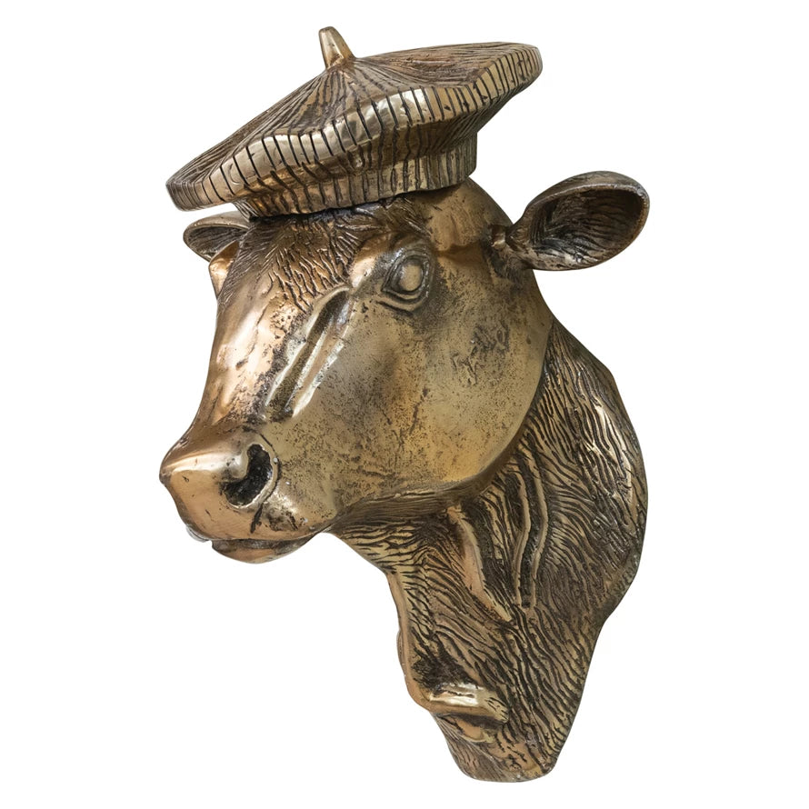 Aluminum Cow Head w Beret Wall Décor