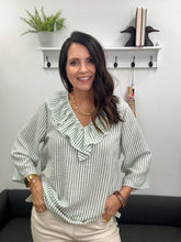 Load image into Gallery viewer, Striped Ruffle Neck Blouse, Green
