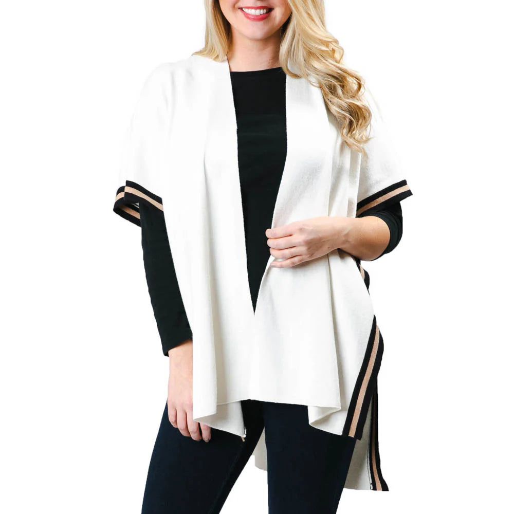 Amelia Ruana: Cream With Black & Camel Trim