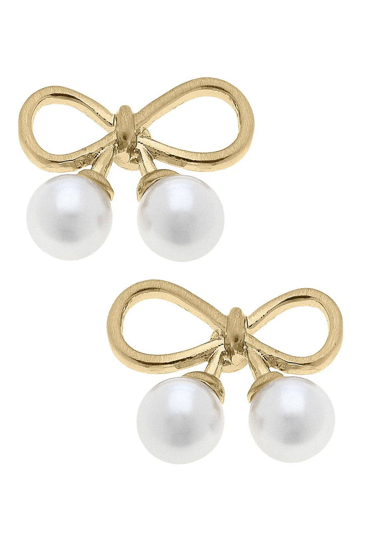 Tinsley Tiny Bow & Pearl Stud Earrings, Worn Gold