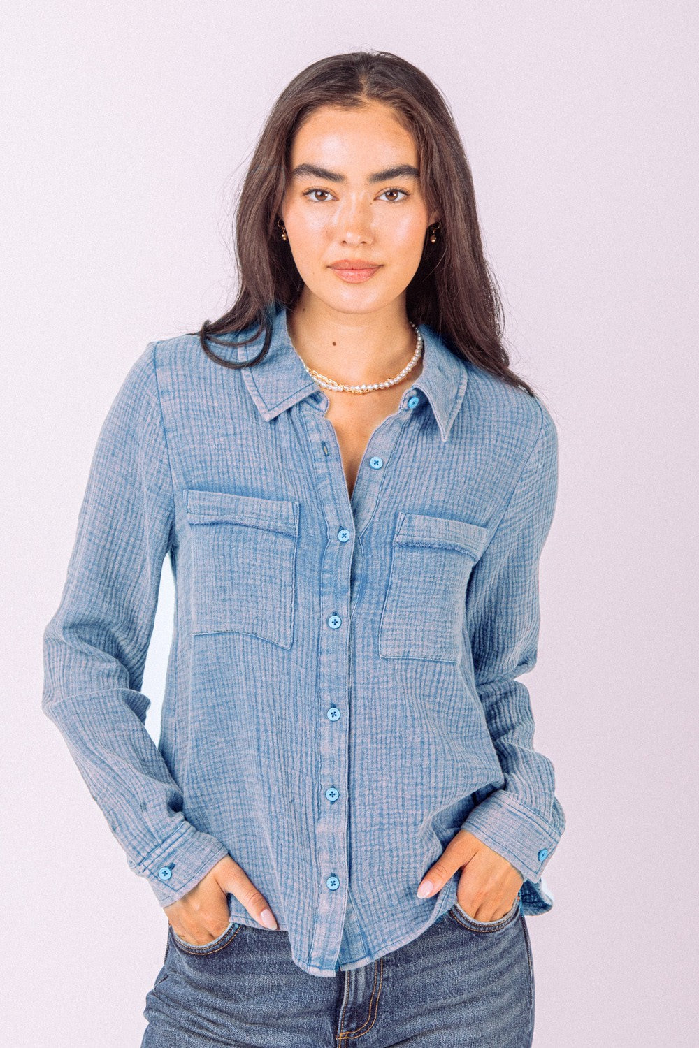Gauze Button Down Long Sleeve Shirt, Denim