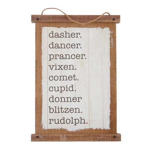 Reindeer Names Printed Metal Backed Burlap Wall Art