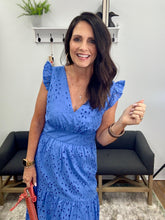 Load image into Gallery viewer, Flutter Sleeve Eyelet Midi Dress, Marina Blue
