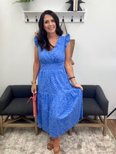 Load image into Gallery viewer, Flutter Sleeve Eyelet Midi Dress, Marina Blue
