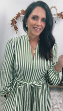 Load and play video in Gallery viewer, Long Sleeve Olive Green Stripe Maxi Dress Belt
