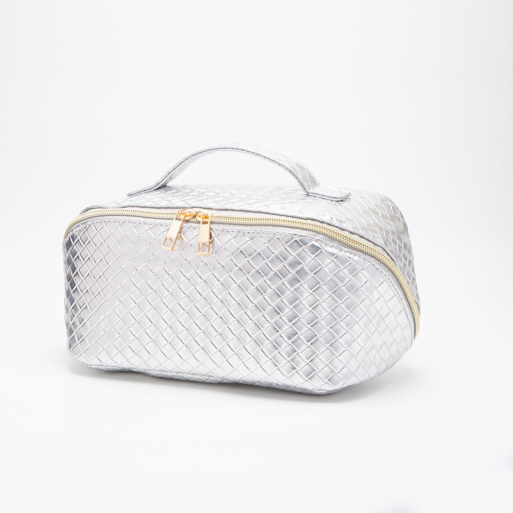 The Juliette Woven Vegan Leather Satin Lined Makeup Bag