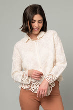 Load image into Gallery viewer, Embroidered Button Front Crochet Trim Top
