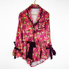 Load image into Gallery viewer, Burgundy Floral Satin Ruffle Short PJ Set, Medium
