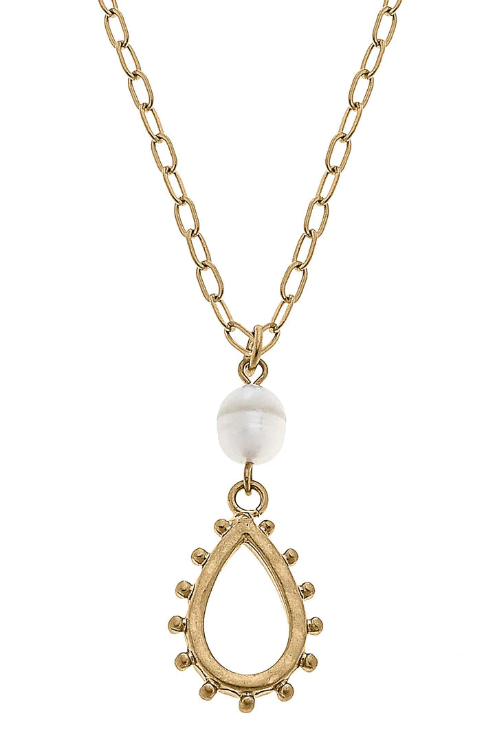 Julie Studded Metal Teardrop Delicate Necklace In Worn Gold