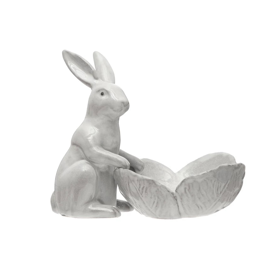 Stoneware Rabbit With Flower Shaped Bowl